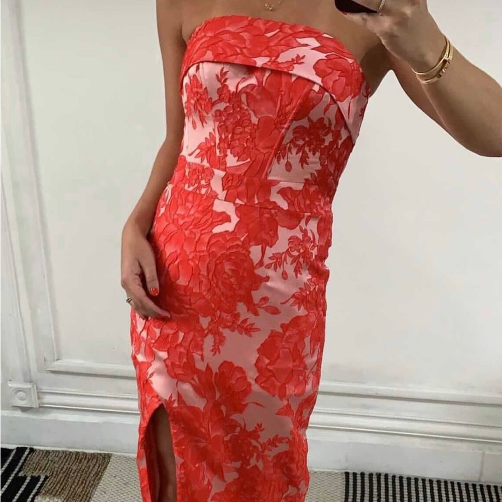 Custom Made Strapless Midi Red Cocktail Dress With Slit Size 8